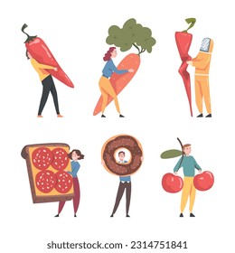 Man and Woman Interacting with Large Food Vector Set