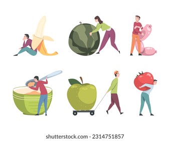 Man and Woman Interacting with Large Food Vector Set