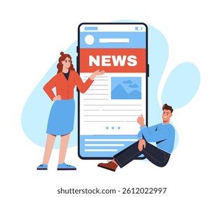 Man and woman interacting with large mobile news app interface, flat cartoon style, on white and blue abstract background. Concept of digital journalism. Vector illustration