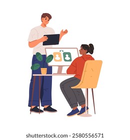Man and woman interacting in workplace. Vector isolated people talking, business project tasks and advice of colleague. Girl sitting by laptop, boy with tablet asking opinion of director or president