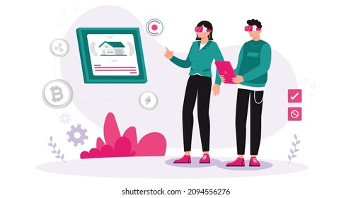 Man and woman invest to buy land in virtual world game with NFT token selling technology for digital currency. Flat vector.