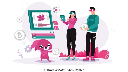 Man and woman investing buy virtual world game character with crypto NFT token selling technology for digital currency. Flat vector.