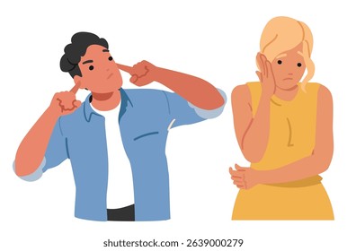 Man and woman isolated cartoon characters suffering from loud sound covering ears from noise with hands and fingers. Annoyed anxious people avoiding hearing feeling uncomfortable vector illustration