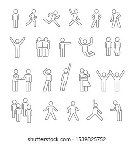 Man and woman isolated outline icons, human silhouette in move or crowd and group vector. Run or walk, hug and jump, male and female. Deal sign or handshake, raised hands and dancing, society