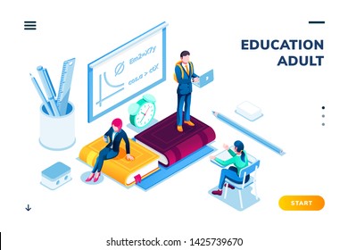 Man And Woman At Isometric Classroom. Smartphone Application Page For Higher Or Tertiary, Academic Online Education For Adult. Online Or Digital Technology For College Or University Study. Training