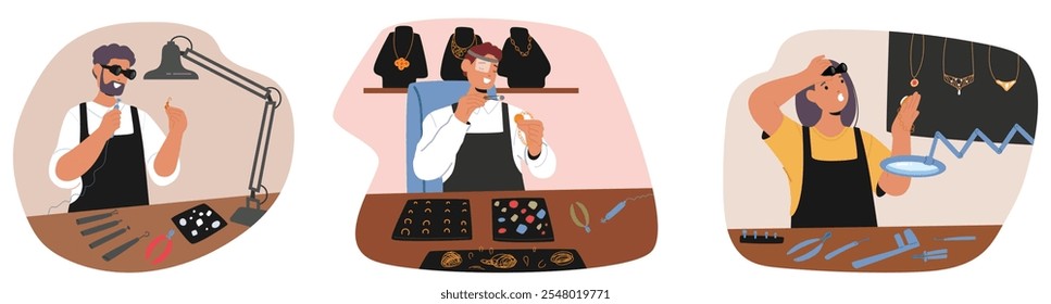 Man and woman jewelry masters, experts and repairmen characters at work in own studio isolated scene set. Professional craftsperson fitting, repairing, creating handmade jewels vector illustration