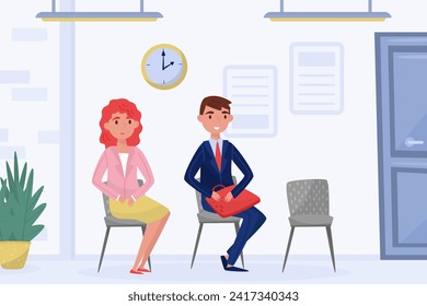 Man and Woman at Job Interview Wait for Their Turn Vector Illustration