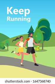 Man and woman jogging. Active and healthy lifestyle, outdoor activity. Athlete on marathon. Isolated flat vector illustration