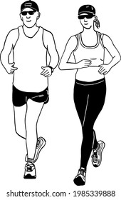 Man and woman Jogging exercise Healthy lifestyle Hand drawn line art illustration