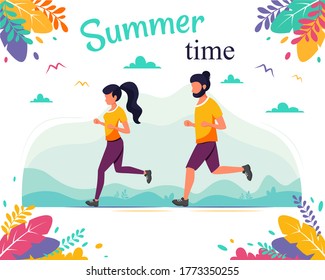 Man and woman jogging in nature. Healthy lifestyle, summer time, relax. Vector illustration