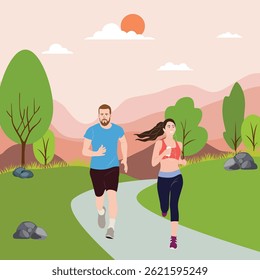 Man and woman jogging on a scenic trail surrounded by trees and mountains during sunset.