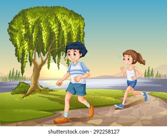 Man and woman jogging in the park at daytime