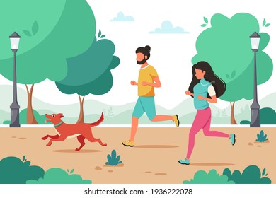 Man and woman jogging in the park with dog. Outdoor activity, healthy lifestyle. Vector illustration