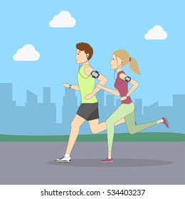 Man and woman jogging in the park. People in fitness outfit. Healthy lifestyle.