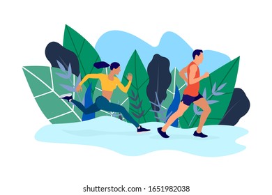 Man and woman jogging or running through park.  Healthy active lifestyle. Flat cartoon colorful vector illustration.