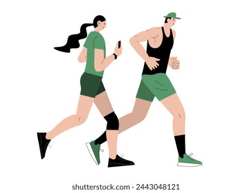 Un hombre y una mujer trotando o corriendo juntos. Ilustración vectorial plana aislada sobre fondo blanco. Actividad saludable y estilo de vida de una pareja.