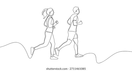 Ein Mann und eine Frau joggen in einer einzigen durchgehenden Linie. einfacher linearer Stil. Doodle, Vektorgrafik.