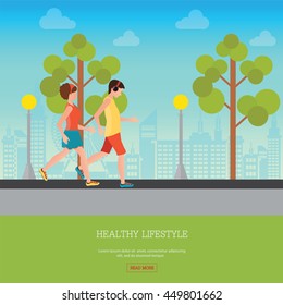 Man and Woman Jogging Together on city view background, Running Man and Woman Outdoor, Jogging Couple , healthy lifestyle conceptual vector illustration.