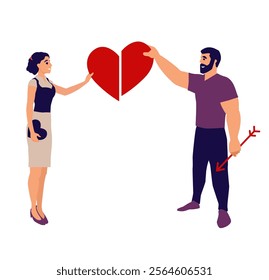 Man and Woman join together two halves of a Heart. Vector illustration with designer elements dedicated to Valentine's Day or romantic relationship.