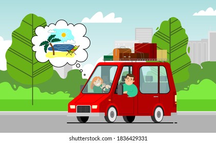 Man and woman journey by car to sea. Dream of rest. A man and a woman are traveling in a car. Roof luggage. Transparent glass. Vector illustration in a flat style