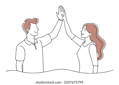 A man and woman joyfully exchange high fives, celebrating a moment of connection and enthusiasm doodle continuous line art vector illustration.