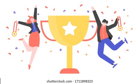 A man and a woman joyfully jump next to the golden cup. Victory, goal achievement, successful completion of the project. Business and competition. Characters with medals, award. Vector flat.