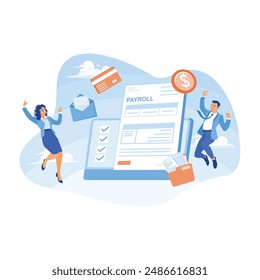 Man and woman jumping in the air. Employees are happy to get a monthly salary. Payroll concept. Flat vector illustration.