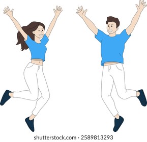 Man and woman jumping with both arms raised