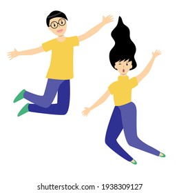Man and woman jumping happily cartoon vector. Happy couple jumping in the air.