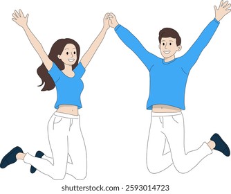 Man and woman jumping laughing