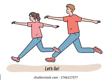 The man and woman are jumping in the same pose. hand drawn style vector design illustrations. 