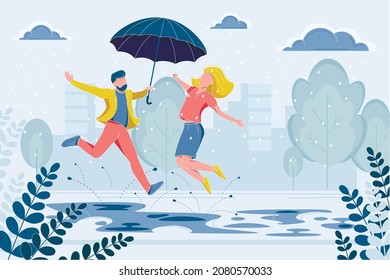 A man and a woman are jumping through the puddles under an umbrella. Vector illustration.