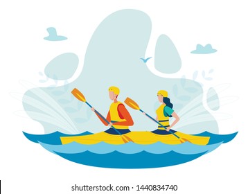 Man and Woman Kayaking Flat Vector Illustration. Couple Sitting in Inflatable Boat, Paddling Cartoon Characters. Whitewater Extreme Kayaking, Canoeing Sport Competition. Active Honeymoon Holiday