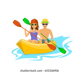 Man and woman kayaking isolated vector illustration