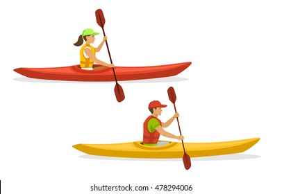 Man and Woman Kayaking Paddling on Boats. Isolated