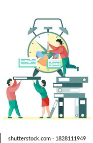 Man and woman keep the alarm clock with planet high overhead prepare for the day of the Earth, save the planet, preserve the ecology, the concept of the Earth day flat vector illustration on white