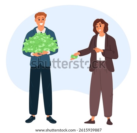 Man and woman keep different amounts of money. Inequality in workers wages. Gender discrimination. Career sexism. Salaries comparison. People holding dollar banknotes