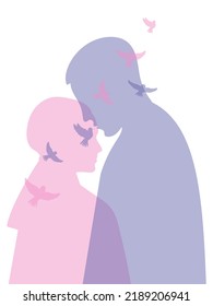 A man and a woman keep peace in their souls and support each other. Translucent silhouettes of a loving couple. Vector.