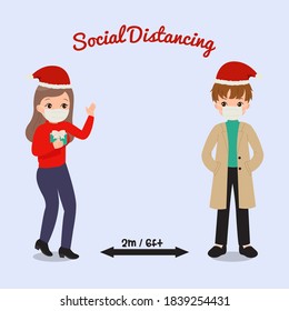 Man and woman keep safe distance while celebrating Christmas. Social distancing to stay safe on winter holiday. Flat vector isolated on white