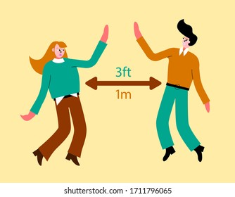 Man and woman keep social distance. Protect from COVID-19 coronavirus outbreak spreading concept. Social distancing illustration. Boy and girl waving hands to each other.