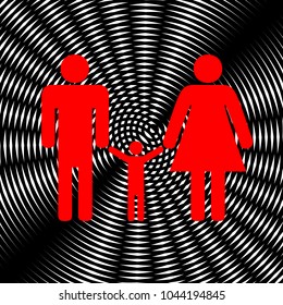 Man, woman and kid sign. Vector. Red icon on white and black radial interference as background.