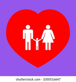 Man, woman and kid sign. Vector. White icon in red heart at lavender background.