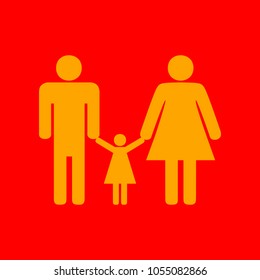 Man, woman and kid sign. Vector. Orange icon with white holes if exist at red background. Isolated.