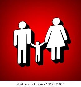 Man, woman and kid sign. Vector. Perspective view of white icon with black outline at reddish background.