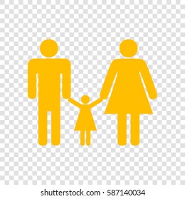 Man, woman and kid sign. Vector. Amber icon on transparent background.