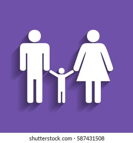 Man, woman and kid sign. Vector. White icon with soft shadow on grape violet background.
