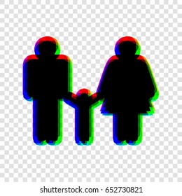 Man, woman and kid sign. Vector. Black icon with red-green-blue contours on transparent background.