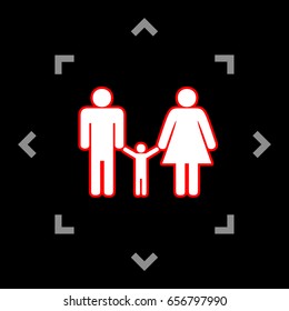 Man, woman and kid sign. Vector. White icon in gray focus like mandala on black background.