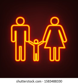 Man, woman and kid sign. Yellow, orange, red neon icon at dark reddish background. Illumination. Illustration.