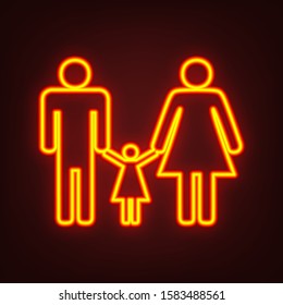 Man, woman and kid sign. Yellow, orange, red neon icon at dark reddish background. Illumination. Illustration.